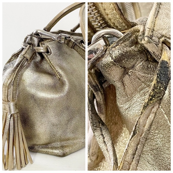 Prada distressed metallic gold nappa leather satchel bag triangle logo - Picture 7 of 11